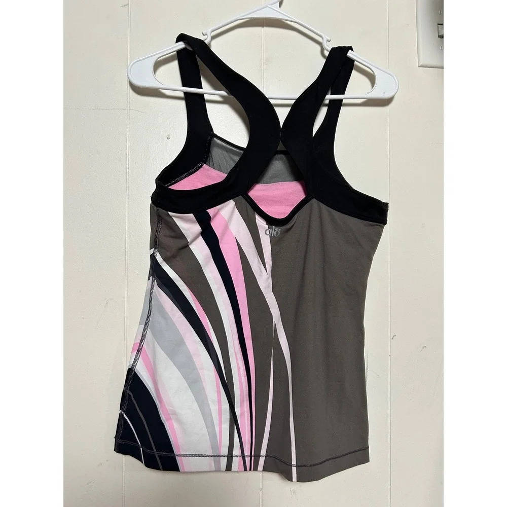 Y2K Alo Yoga Racerback Tank Top Pink Grey Abstract M 2000s Activewear Gym Preppy